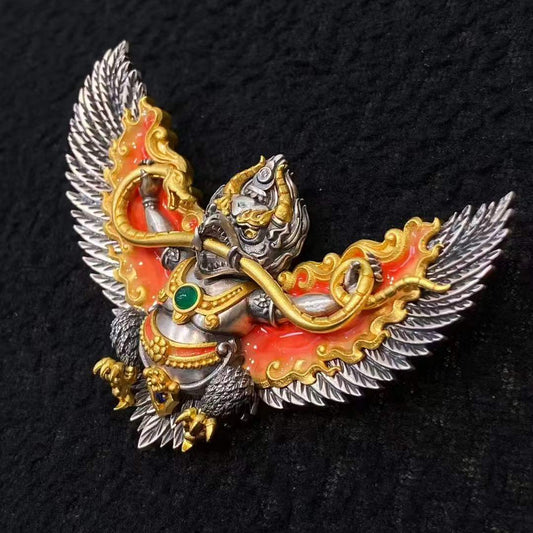 S925 silver Tibetan Garuda amulet featuring traditional thangka aesthetics and fine jewelry craftsmanship