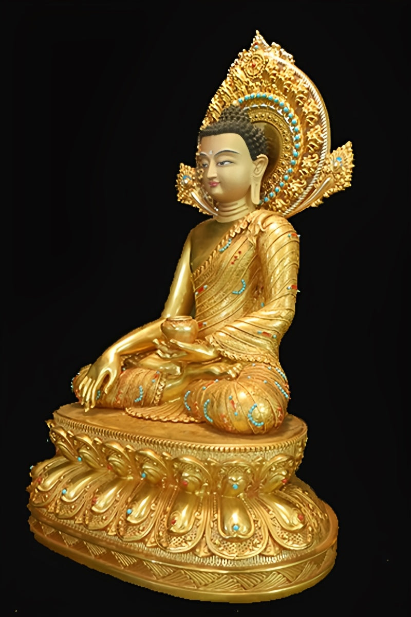 "Handcrafted Tibetan Buddhist Kyastha figure in brass, detailed with hand-painted artwork and vibrant colors."