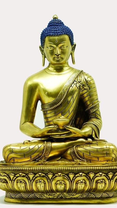 Gilded Tibetan Buddhist Amitabha Buddha statue made from purple copper, featuring intricate handcrafted details and vibrant mineral pigment colors. Ideal for meditation spaces.