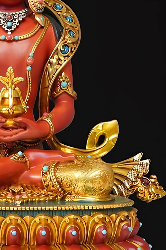 ibetan Buddhist Long Life Buddha statue, made of gilded brass, handcrafted and painted with mineral pigments.