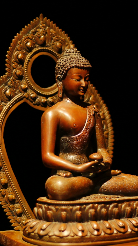 Alt Text: Pure Copper Tibetan Buddhist Three Buddhas Statue, gilded with intricate mineral paint, representing timeless wisdom and protection.