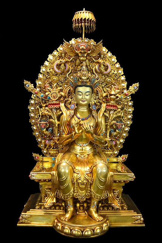 tibetan-buddhist-gilded-maitreya-Gilded Tibetan Buddhist Maitreya statue with pure copper and strong mythical bird backlight artwork.