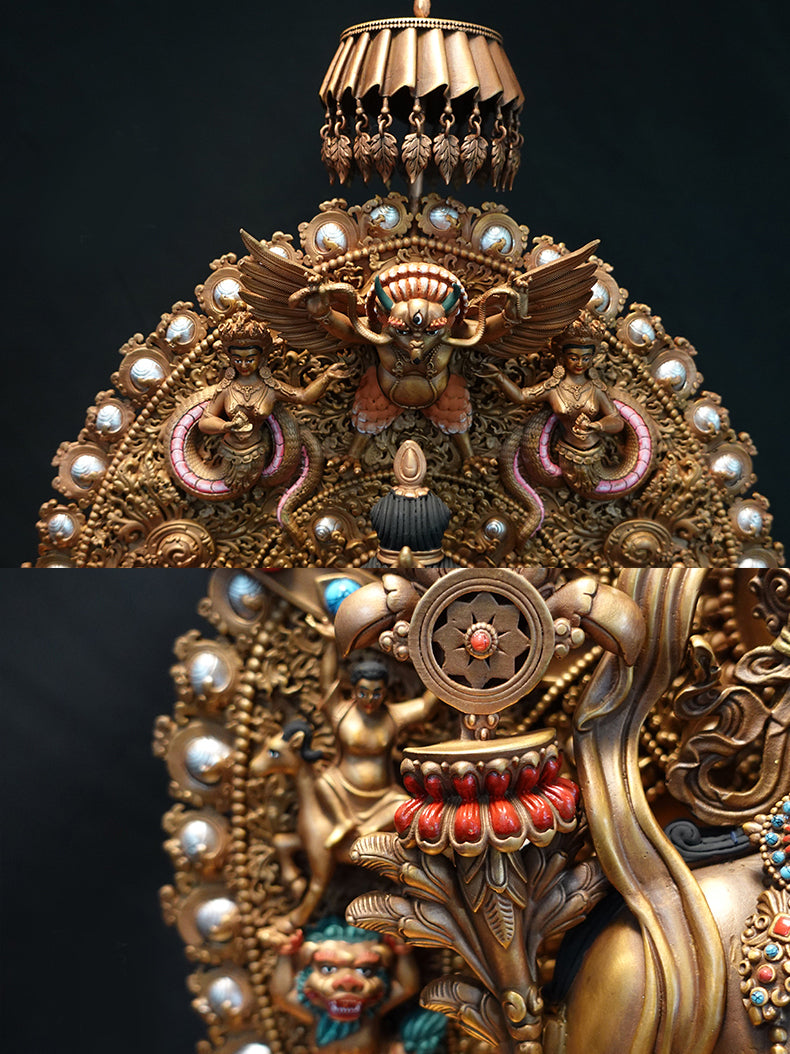"Gilded red copper Tibetan Buddhist Maitreya Buddha statue with backlight aura, handmade with precision."