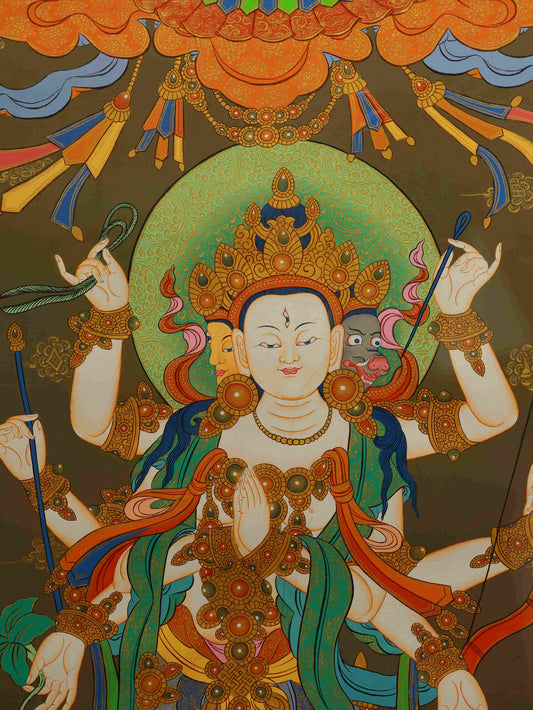 Tibetan Buddhist Thangka painting of Goddess Marici, symbol of light, protection, and wisdom, hand-painted by artisans.