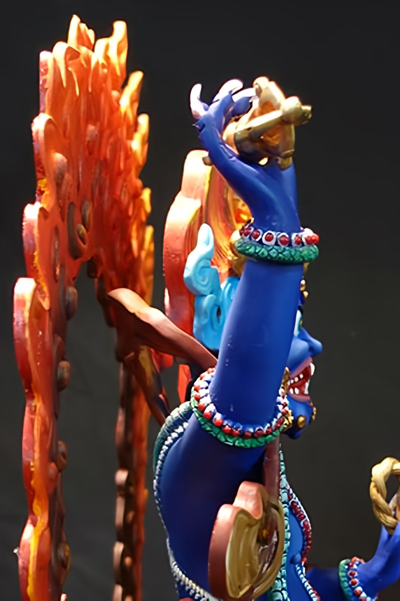 alt text: Tibetan Buddhist brass Vajrapani idol, handcrafted and painted in bright colors, an exceptional Buddha statue art collectible.