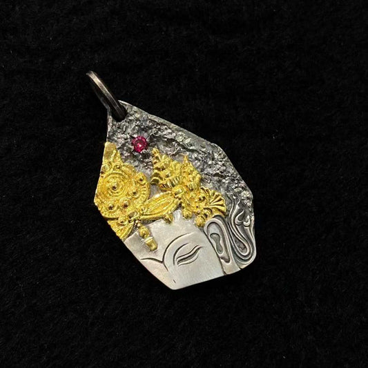 Handcrafted Tibetan Buddhist Green Tara pendant made of pure gold and silver with fine inlay craftsmanship.