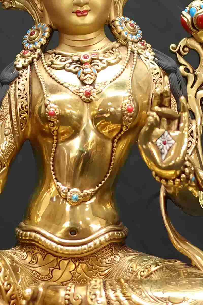 Golden Tibetan Buddhist Green Tara Buddha statue, hand-carved in pure copper, symbolizing wisdom, protection, and compassionate energy.