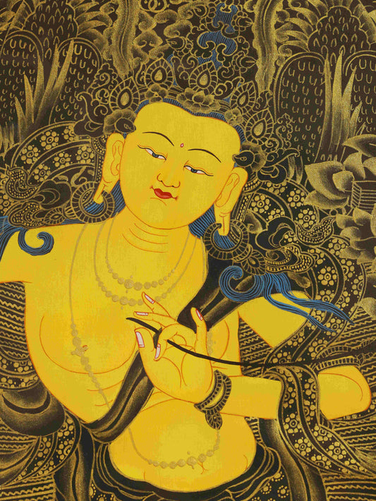 Hand-painted Tibetan Buddhist Manjushri Thangka on canvas, crafted with mineral pigments, representing the Wisdom Bodhisattva in sacred Tibetan Buddha art style.