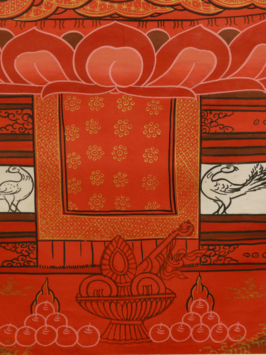 Traditional Tibetan Thangka painting of Vairocana Buddha, symbolizing the cosmic wisdom of Dharma.