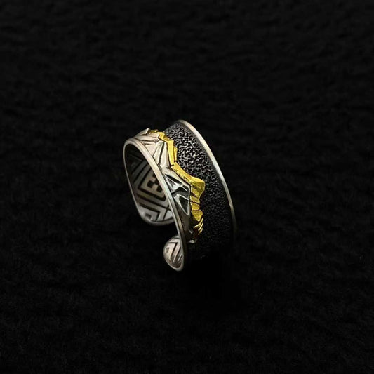 Handmade Gongga Snow Mountain ring, gold and silver inlay with sacred Tibetan Buddhist design.