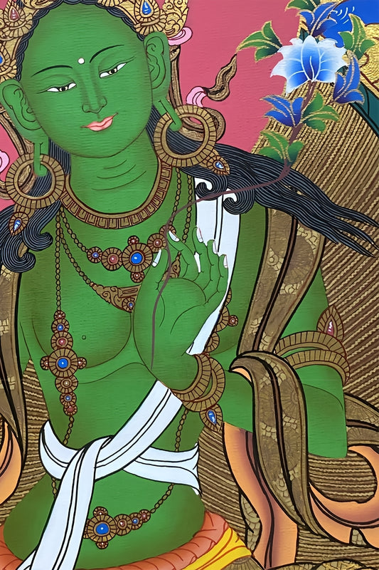 Handcrafted Tibetan Buddhist Green Tara goddess thangka painting, traditional Tibetan thangka art for spiritual practice.