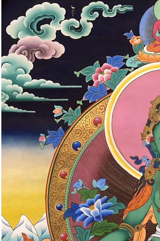 Green Tara Bodhisattva Tibetan thangka, pure hand-painted thangka painting, ideal for devotion, home altar, and spiritual protection.