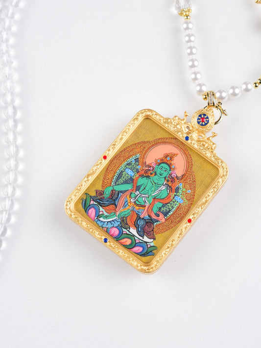 Hand-painted Green Tara zodiac guardian Thangka pendant on Tibetan canvas for healing and compassion.