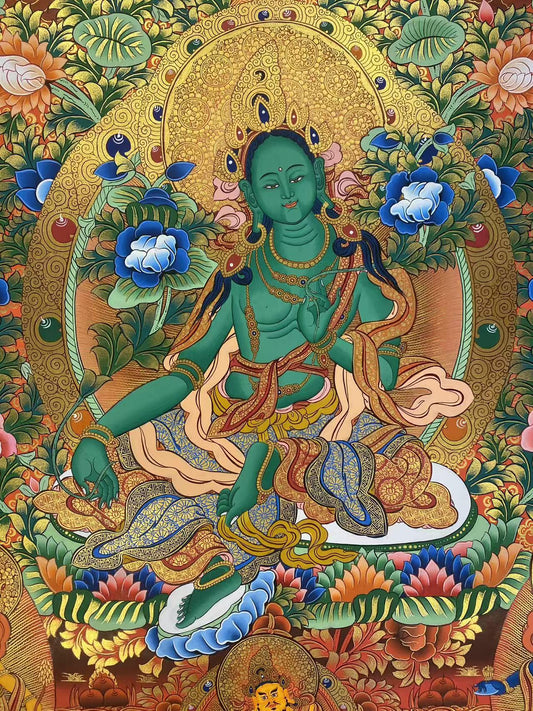 Green Tara goddess Tibetan thangka, traditional hand-painted thangka painting, ideal for devotion, blessings, and home shrine display.