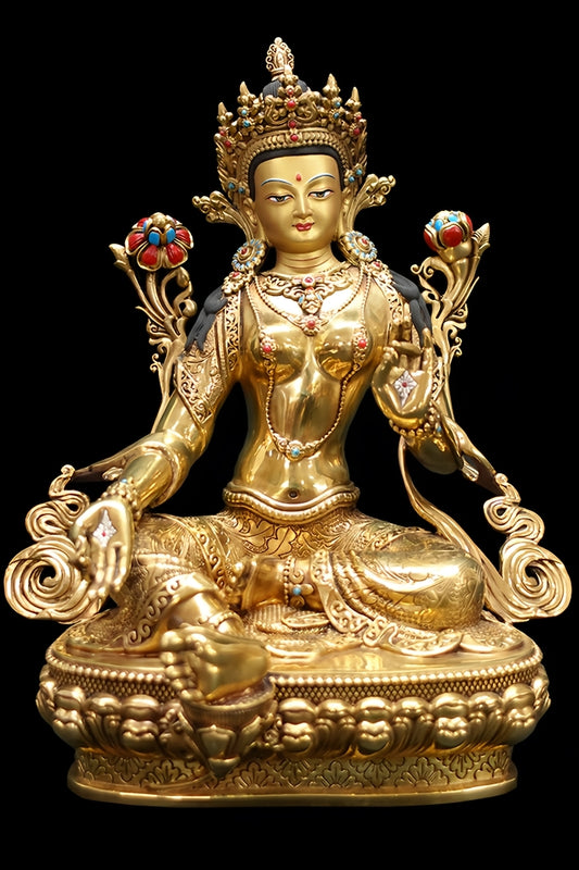 Hand-carved Tibetan Buddhist Green Tara statue from Nepal, pure copper craftsmanship symbolizing compassion, protection, and spiritual awakening.