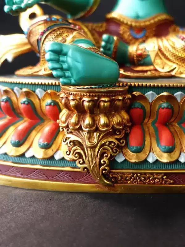 Tibetan-buddhist hand-painted Green Tara Bodhisattva statue, crafted in copper with mineral pigments, authentic Tibetan Buddha art for shrines and homes.