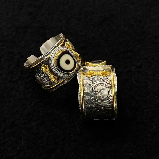 Handmade Green Tara ring, gold inlay with sacred Tibetan Buddhist design.