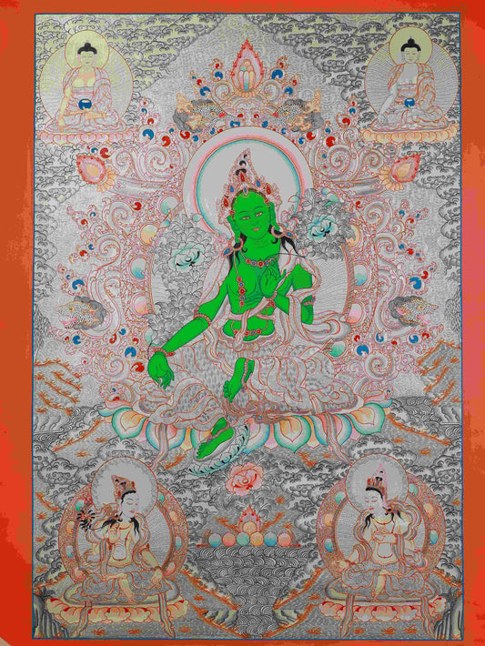 Handmade Tibetan-Buddhist Silver Foil Green Tara Thangka, 75x50cm, painted on traditional Thangka canvas.