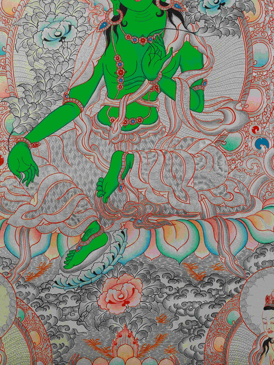 Close-up of Silver Foil Green Tara Thangka, hand-painted with mineral pigments, showing intricate details.