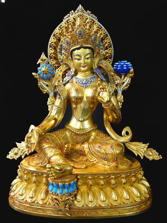 Brass Tibetan Buddhist Green Tara statue, handcrafted and painted with natural mineral pigments, fine Buddhist Art.