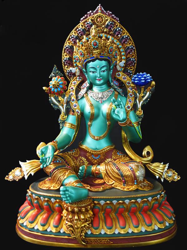Handcrafted Tibetan-buddhist Green Tara statue in copper, decorated with mineral pigments, a spiritual Tibetan Buddha art sculpture for practice spaces.