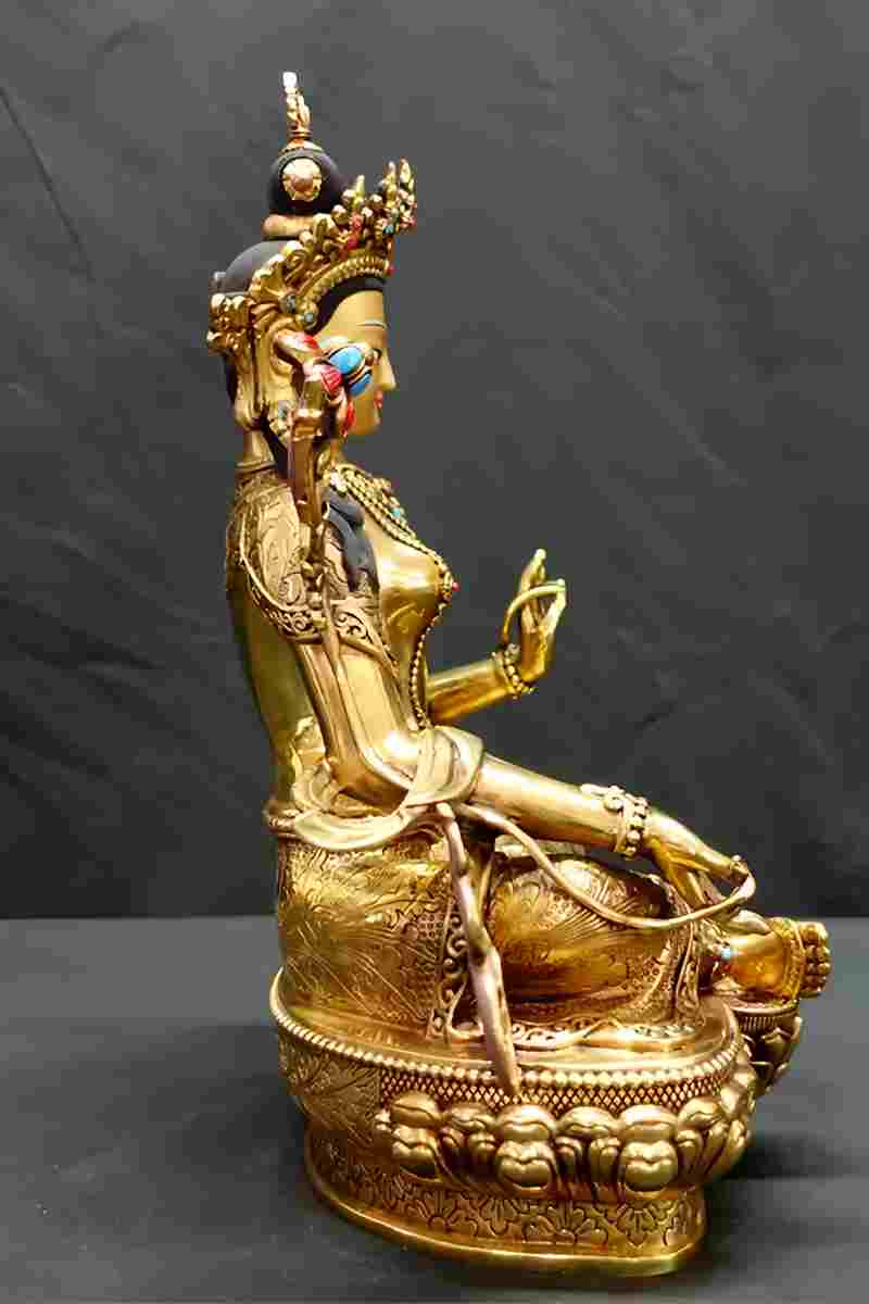 Hand-carved Green Tara statue in pure copper, Nepalese Tibetan Buddhist art embodying compassion, healing, and protection from obstacles.