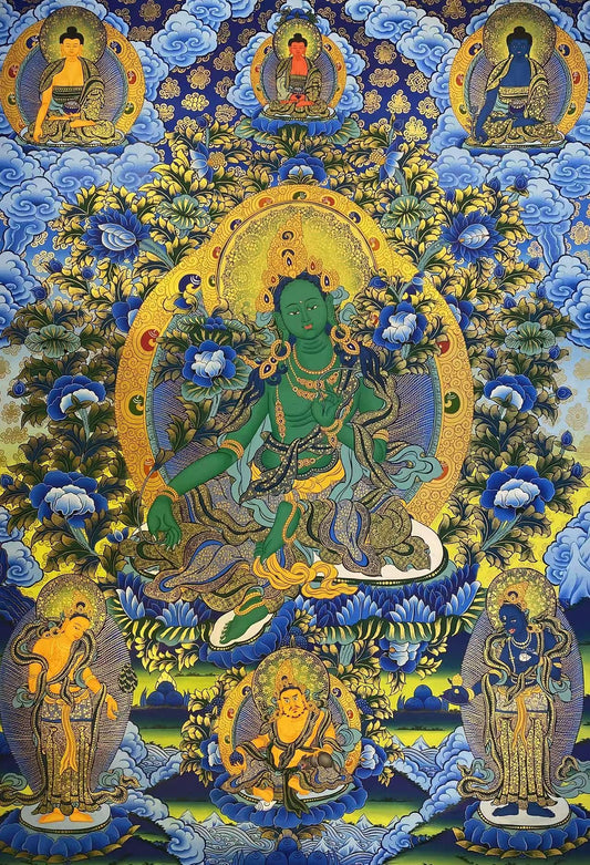 Tibetan Buddhist Green Tara Thangka – Hand-Painted with Natural Mineral Pigments, Traditional Sacred Art