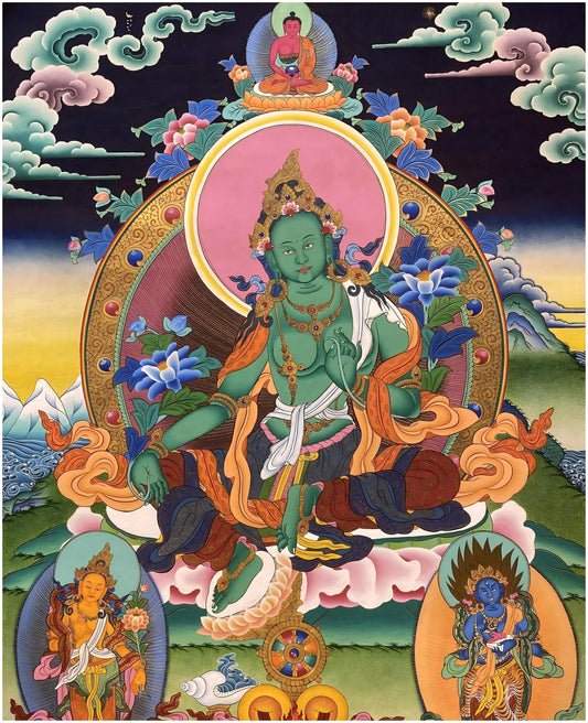 Tibetan Buddhist Green Tara thangka, hand-painted with mineral pigments, sacred thangka painting for meditation and spiritual blessings.
