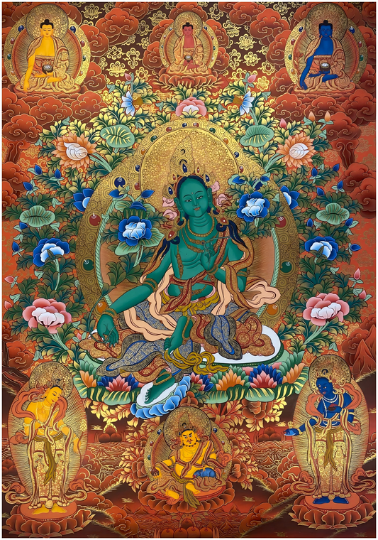 Tibetan Buddhist Green Tara thangka, pure hand-painted with mineral pigments, sacred thangka painting for meditation and spiritual protection.