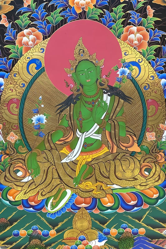 Tibetan Buddhist Green Tara thangka, pure hand-painted with mineral pigments, sacred Tibetan thangka painting for meditation and blessings.