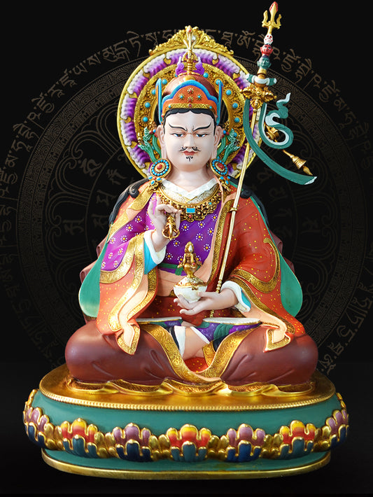 Handcrafted Tibetan Buddhist Padmasambhava statue in brass with mineral painted details, authentic Buddhist Art for shrine and meditation.