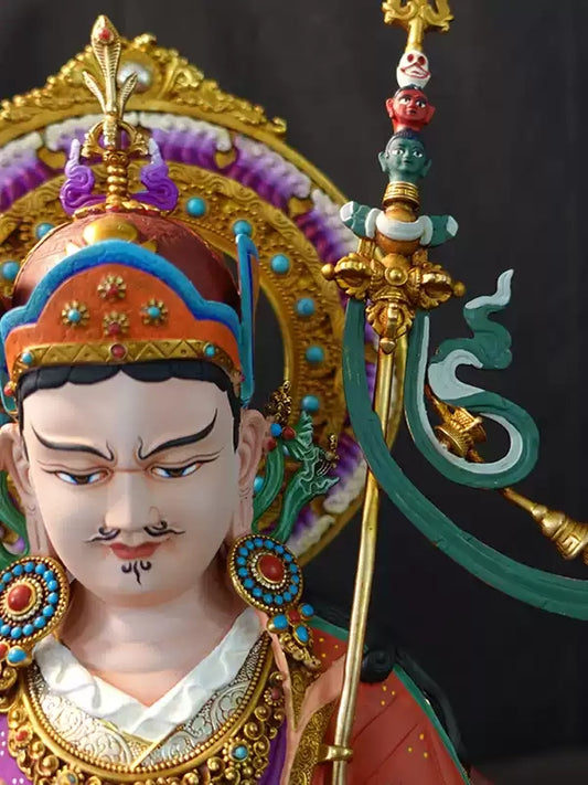 Handmade Tibetan Buddhist Guru Rinpoche Lotus Born brass statue, sacred Buddhist Art symbol for devotion and spiritual practice.