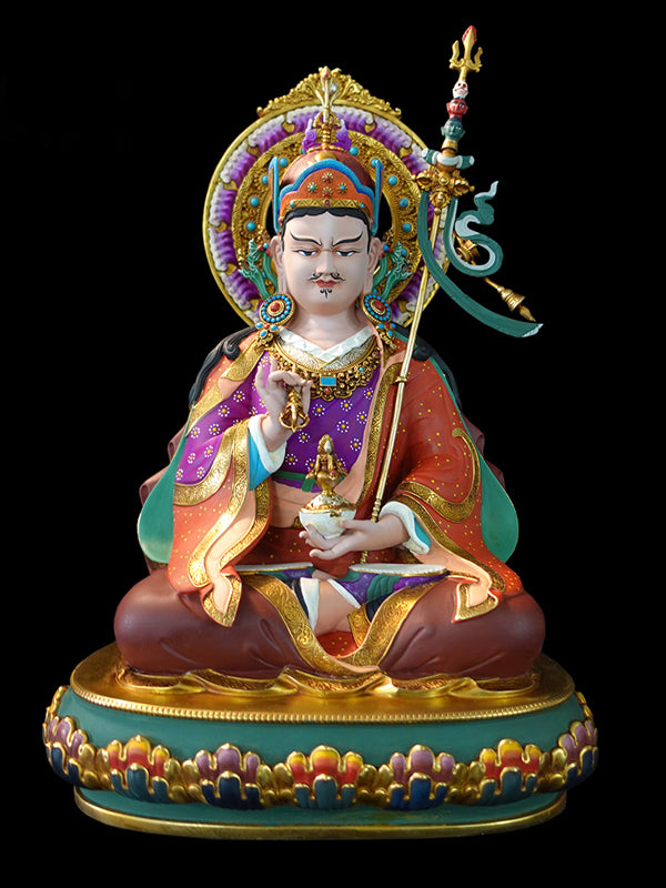 Lotus Born Tibetan Buddhist Guru Rinpoche handcrafted painted brass statue, meaningful Buddhist Art for home and temple use.