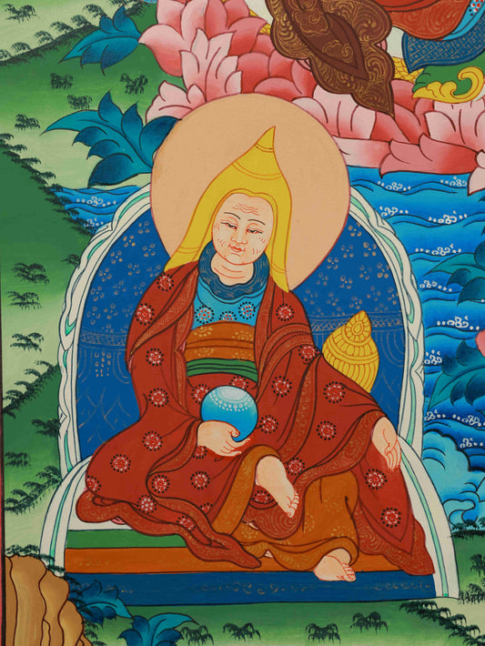 Hand-painted Tibetan Buddhist Guru Rinpoche Thangka on canvas with mineral pigments, traditional Tibetan Buddha art for spiritual inspiration and meditation.