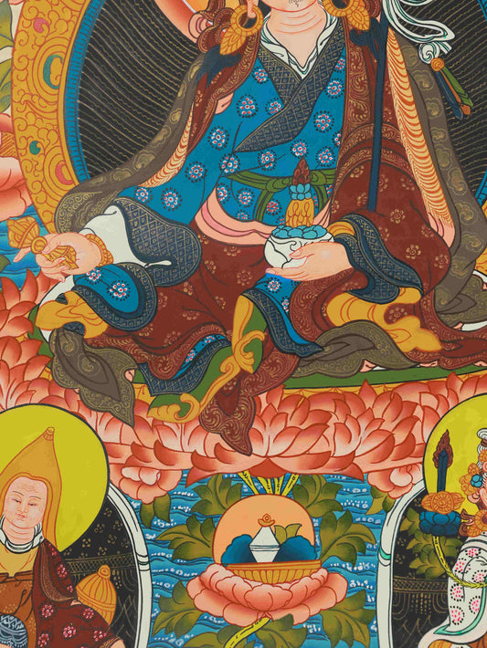 Hand-painted Tibetan-Buddhist Padmasambhava Thangka, traditional Tibetan Buddha art crafted with mineral pigments.