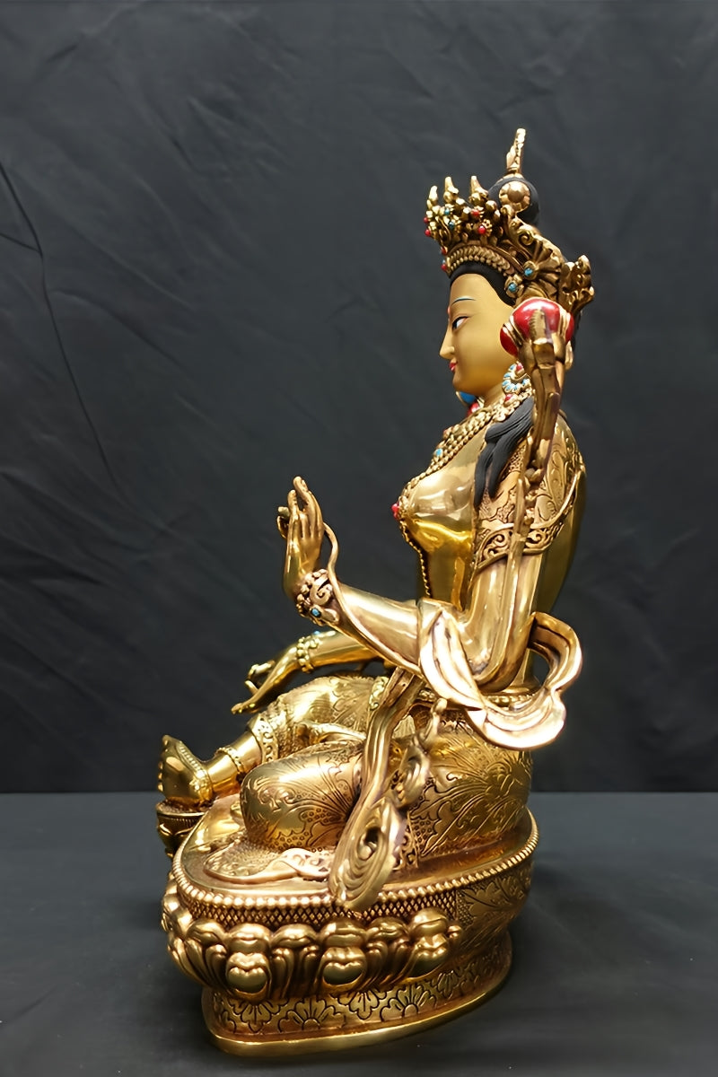 Nepal handcrafted Tibetan Buddhist Green Tara statue, pure copper design representing prosperity, wisdom, and divine feminine energy.