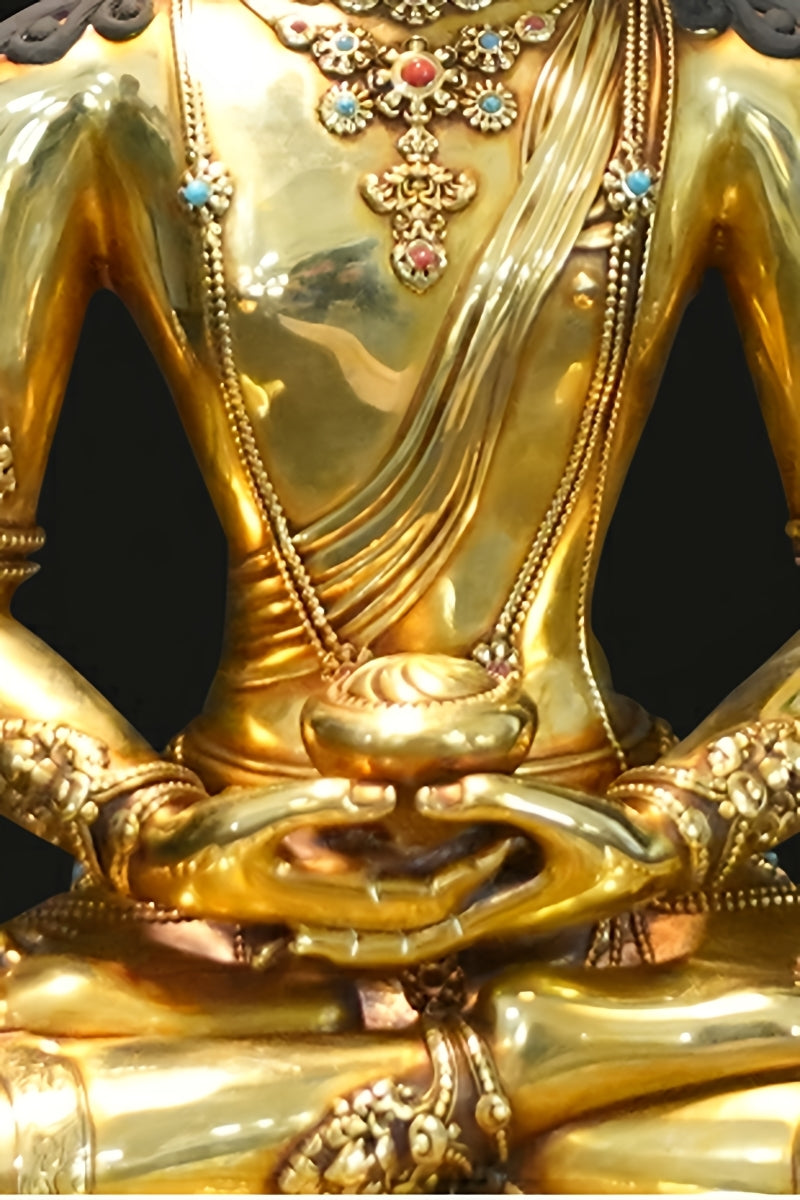 Hand-painted Tibetan Buddhist brass Medicine Buddha statue, handmade Buddhist art for devotion and wellness.