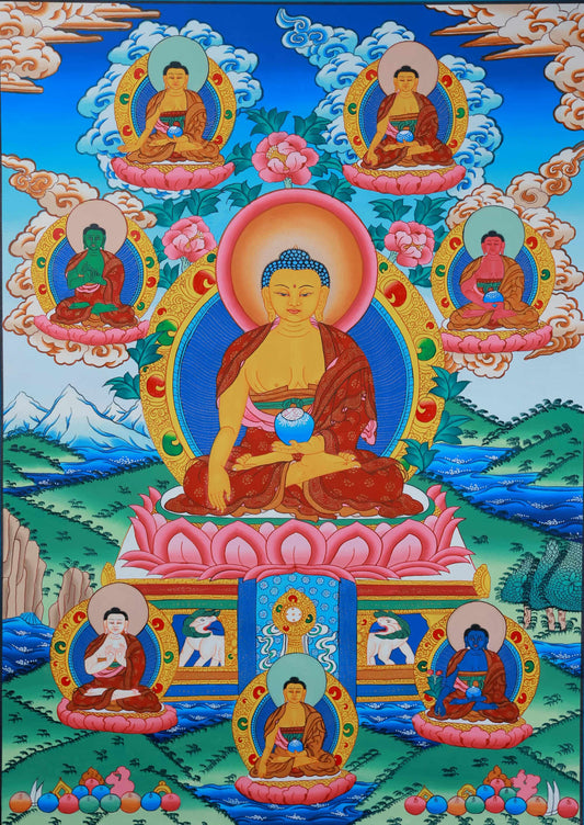 Hand-painted Tibetan Thangka of Medicine Buddha on canvas, made with mineral pigments, symbolizing healing and compassion.