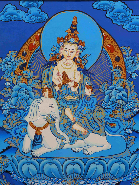 Authentic Tibetan Thangka painting of Samantabhadra Bodhisattva, handmade using mineral pigments.