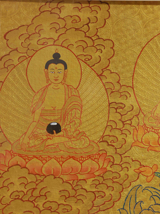 Hand-painted Tibetan-Buddhist Shakyamuni Thangka featuring traditional Tibetan Buddha art on canvas, symbolizing enlightenment and compassion.