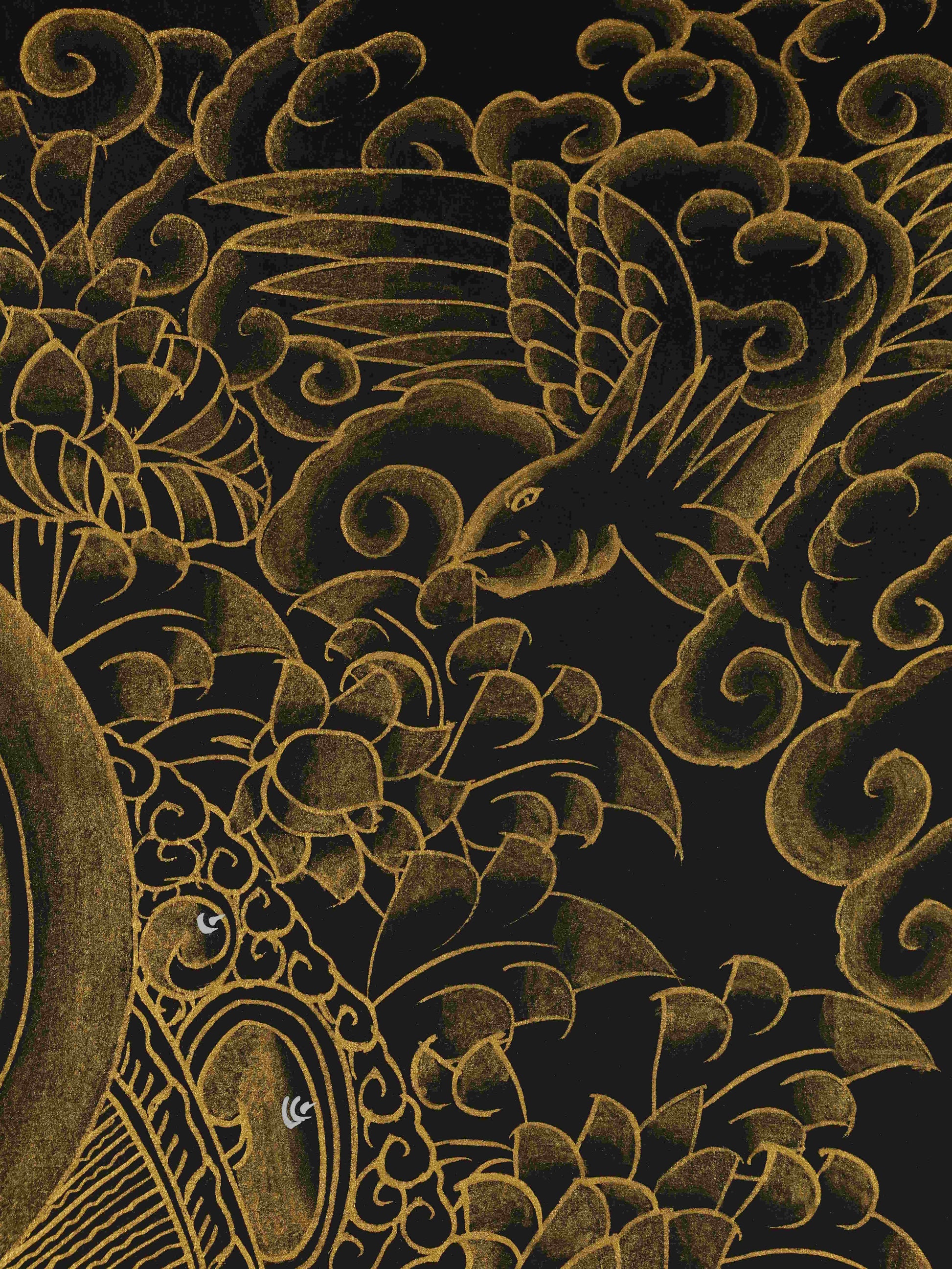 Handcrafted Black and Gold Samantabhadra Thangka – authentic Tibetan Buddhist art for devotion and meditation.