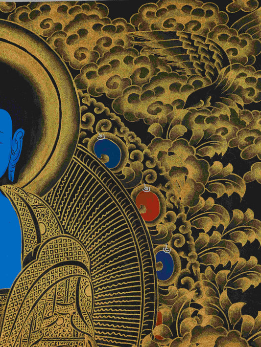 Hand-painted Tibetan Buddhist Black and Gold Shakyamuni Buddha Thangka Painting – traditional Tibetan thangka art on canvas.