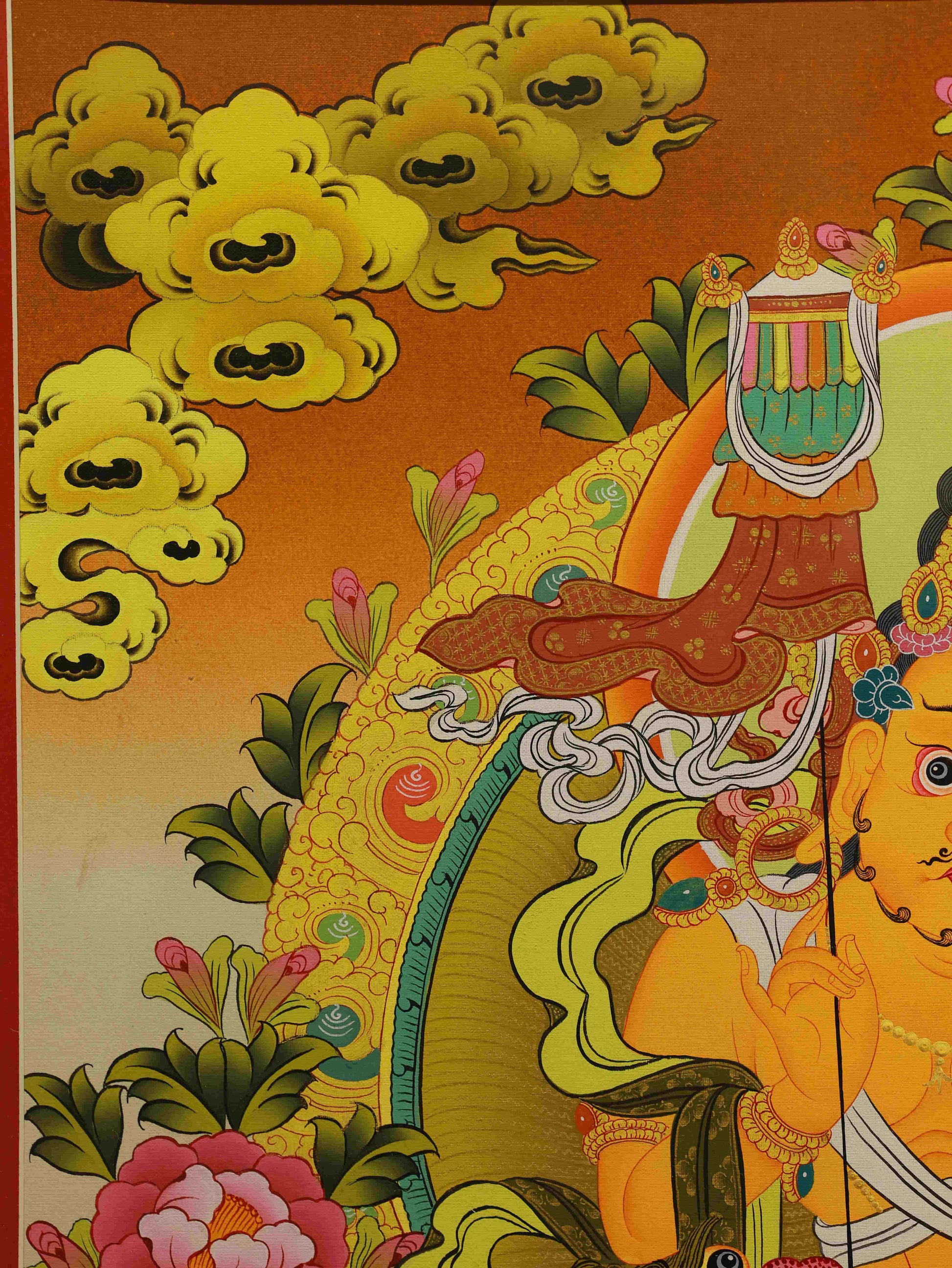 Handcrafted Newar-style Yellow Jambhala Thangka – traditional Tibetan thangka painting representing fortune and generosity.