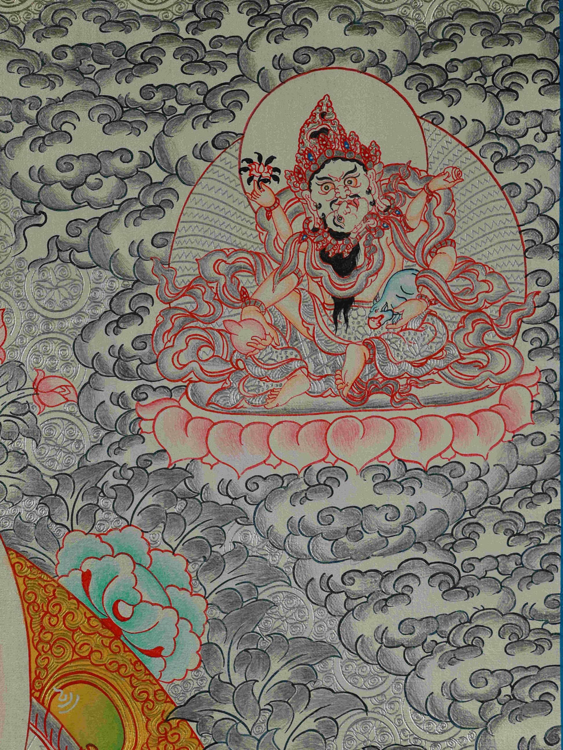 Silver Leaf Yellow Dzambhala Tibetan Thangka Art – hand-painted Buddhist thangka of wealth deity.