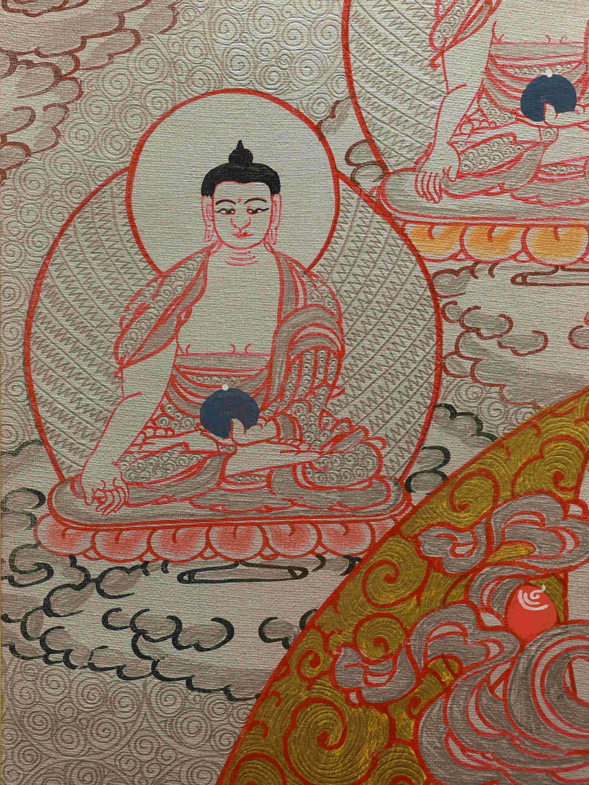 Tibetan Thangka Painting of Silver Foil Yellow Dzambhala – sacred art representing abundance and blessings.