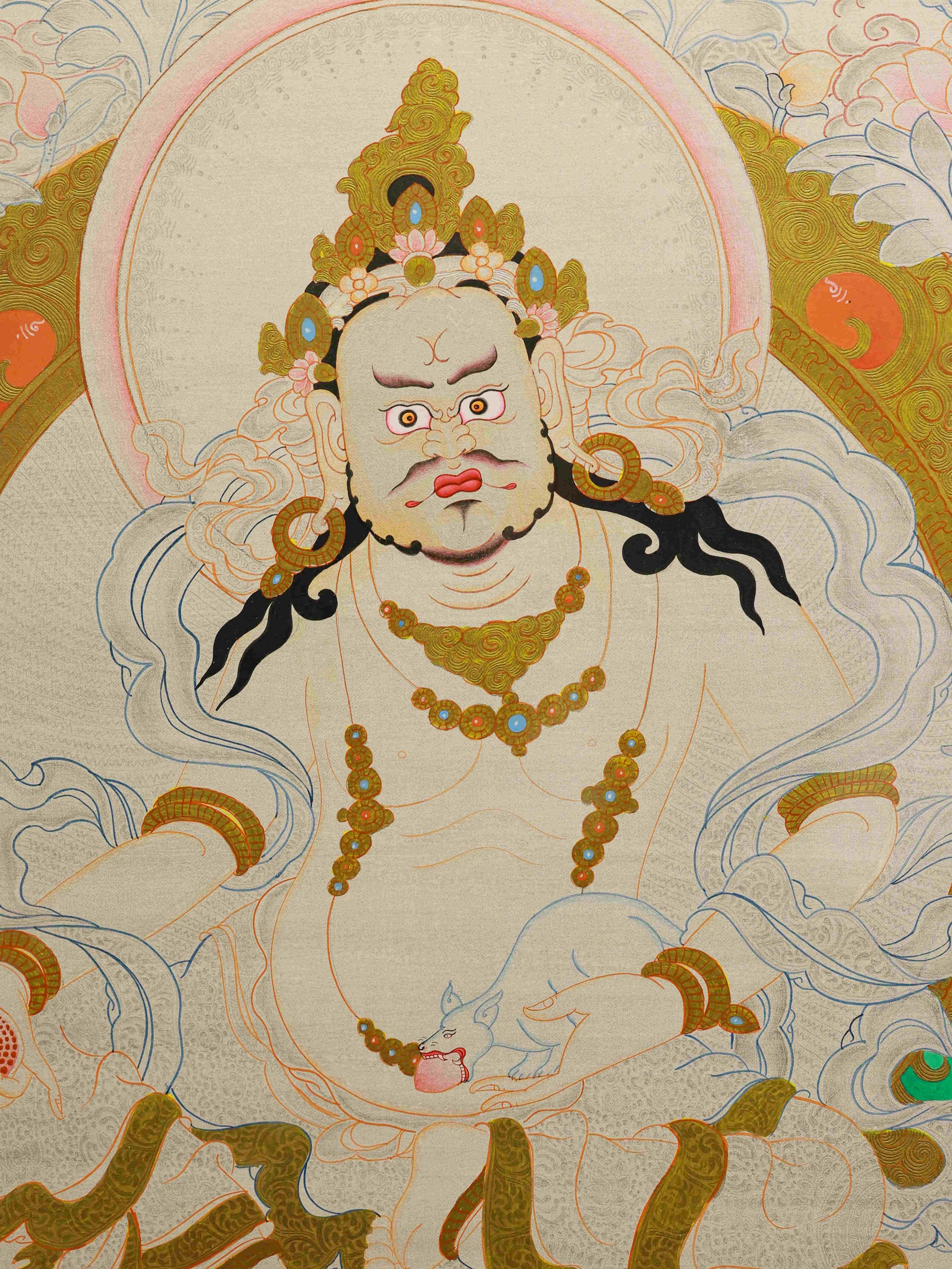 Silver Foil Tibetan Thangka Painting – Yellow Jambhala deity of wealth hand-painted on thangka canvas.
