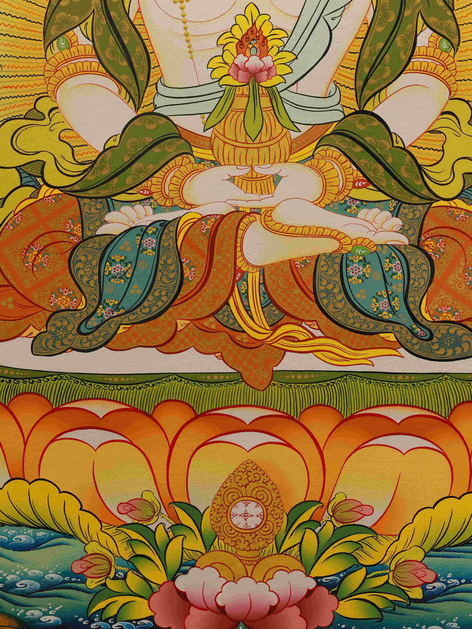 Hand-painted Tibetan Thangka of Vairocana Buddha – crafted on thangka canvas with mineral pigments.