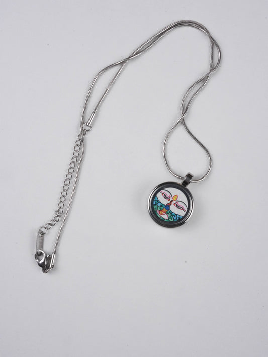 Hand-painted Tibetan Buddhist White Tara thangka pendant necklace, crafted on canvas with mineral pigments, pure handmade Tibetan Buddha art.