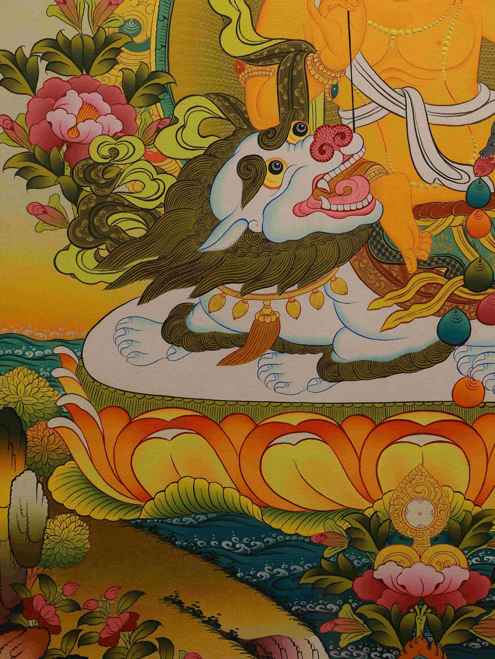 Tibetan Buddhist Thangka Painting of Yellow Jambhala – Newar-style handmade artwork for wealth and prosperity.