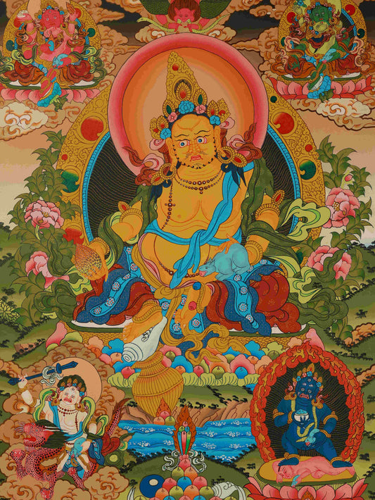 Handcrafted Tibetan Thangka of Yellow Jambhala, the Buddhist wealth deity, created with mineral pigments.